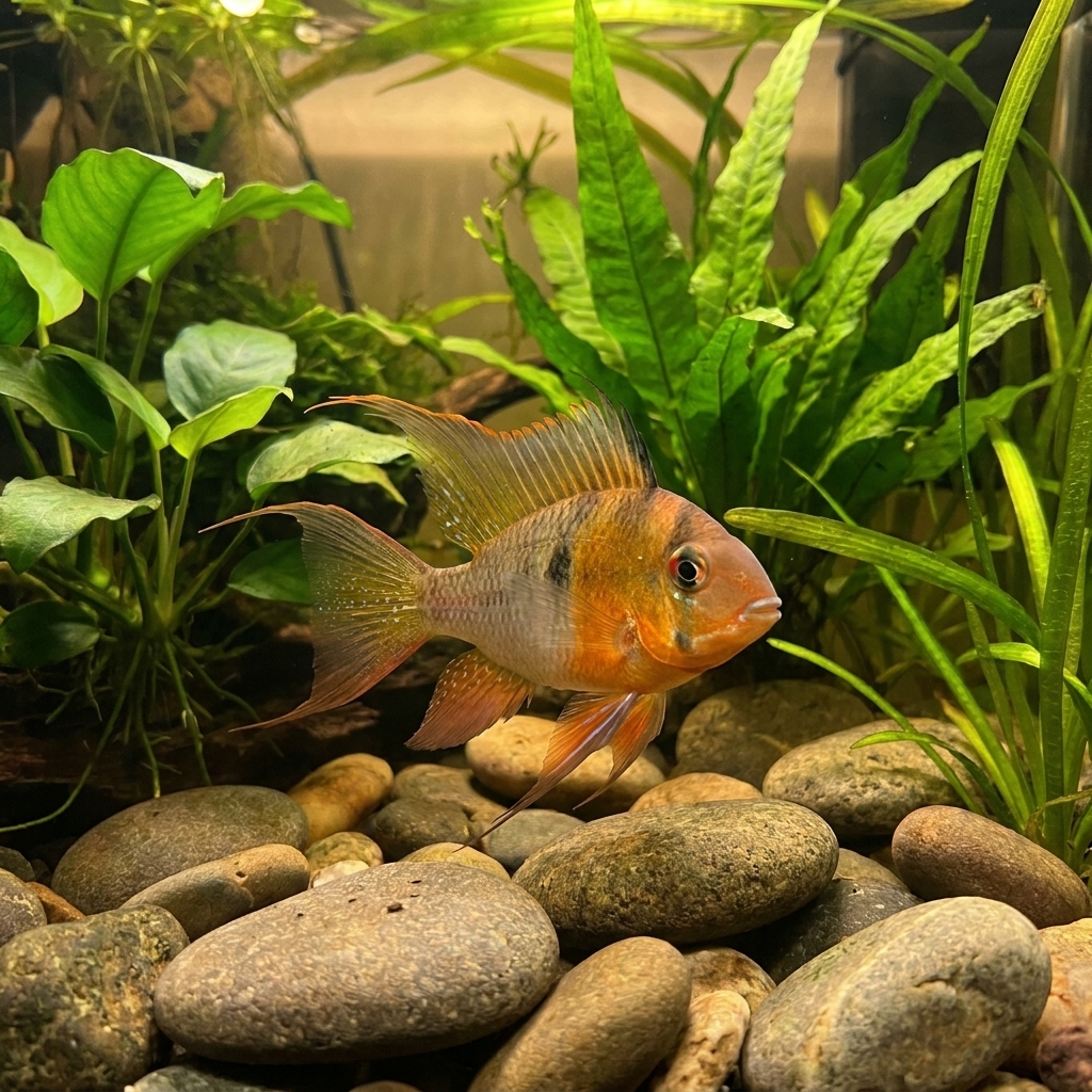 A Bolivian ram with elongated fins and warm orange highlights resting near smooth stones in a heavily planted aquarium