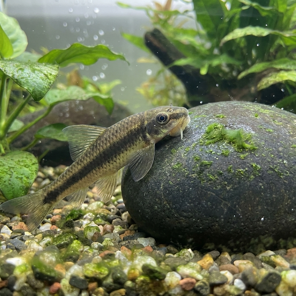 A Chinese algae eater attached to a smooth aquarium rock in a freshwater tank with scattered algae patches