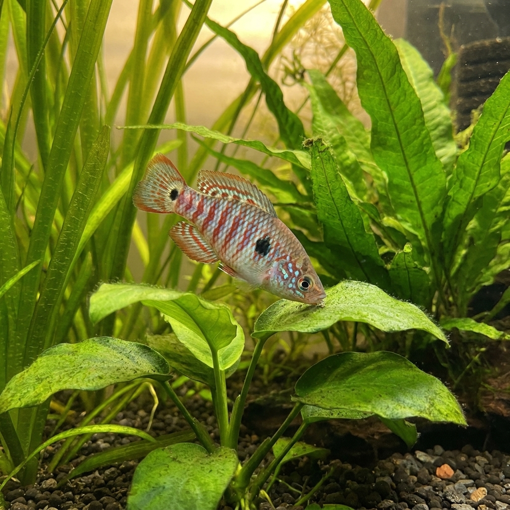 A Florida flagfish hovering among dense aquatic plants in a freshwater aquarium, grazing on a leaf with light algae growth
