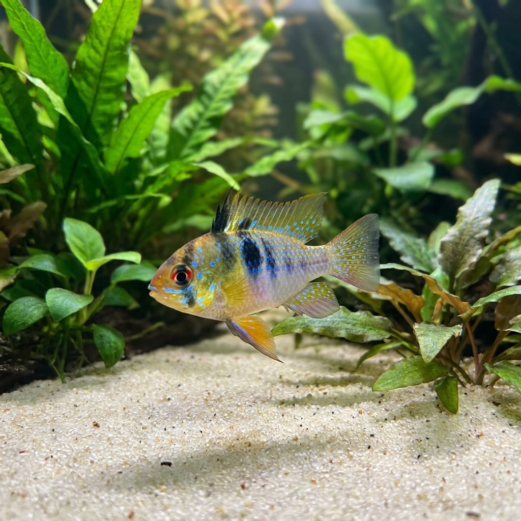 A German blue ram showing bright blue spangles and yellow accents hovering above pale sand in a planted aquarium