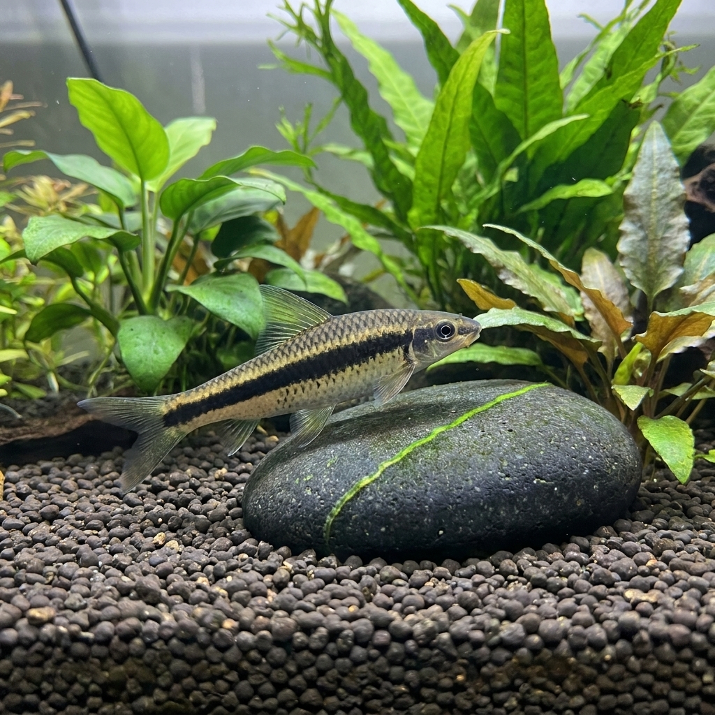 A Siamese algae eater swimming over dark gravel in a planted freshwater aquarium, with a thin line of algae on a stone