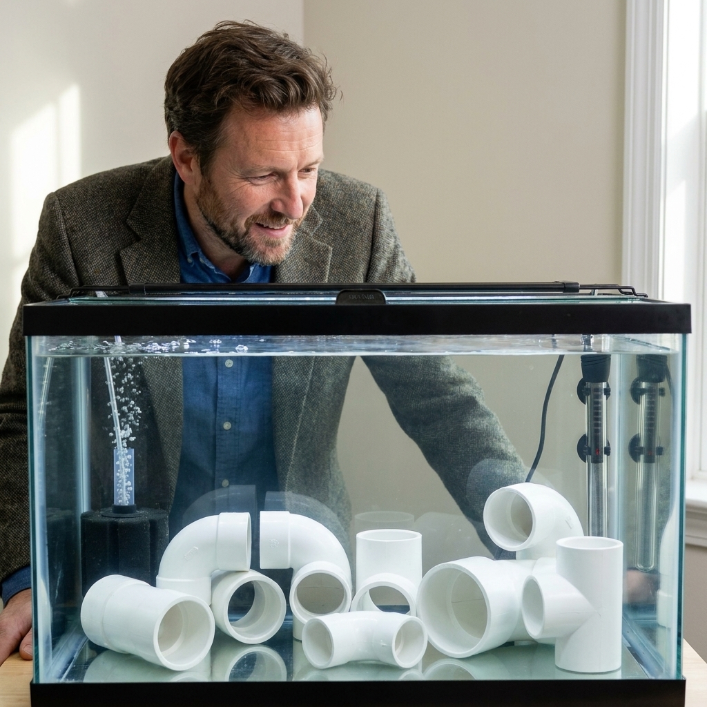 A bare-bottom aquarium quarantine tank with several white PVC elbows and short pipe sections arranged as fish shelters