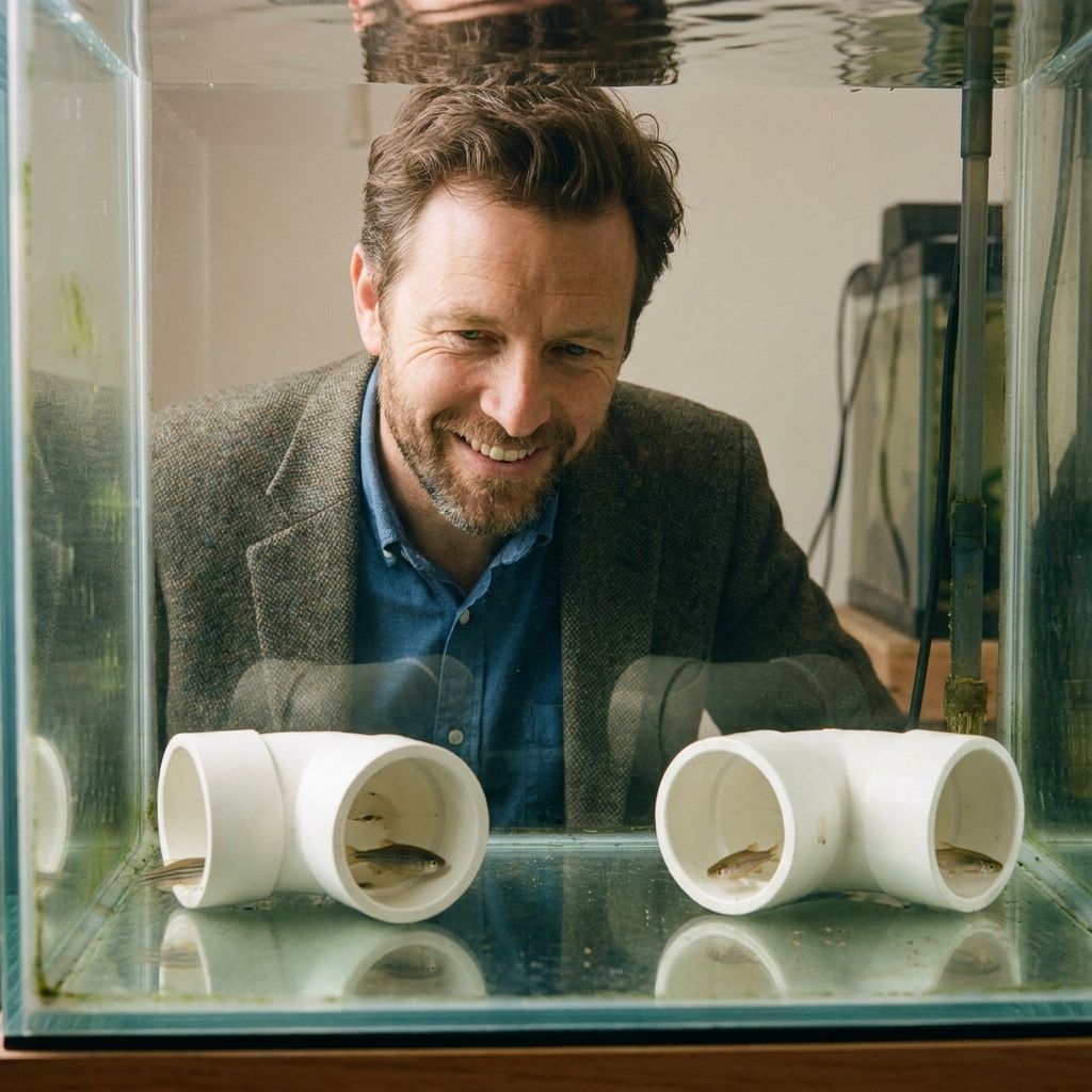 A bare-bottom aquarium with two white PVC elbows on the glass bottom used as hiding places for stressed freshwater fish