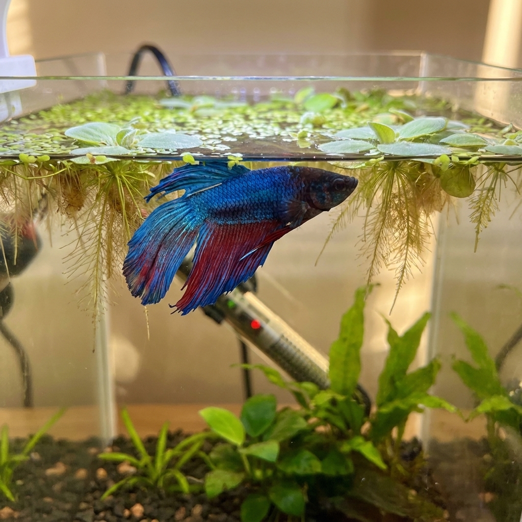 A betta fish resting near the surface under floating plants in a heated freshwater aquarium