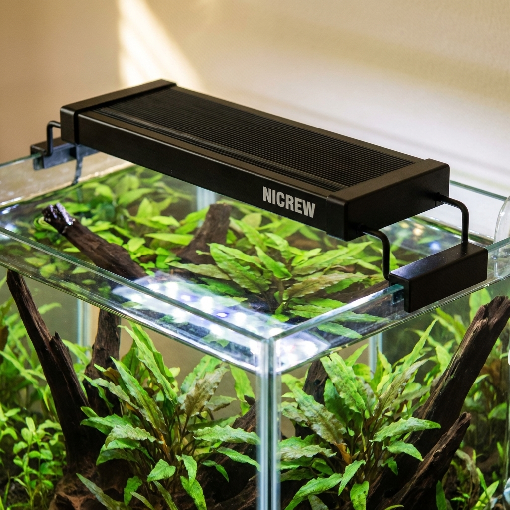 A black NICREW ClassicLED Plus fixture resting on aquarium rims above a planted freshwater tank with driftwood and crypts