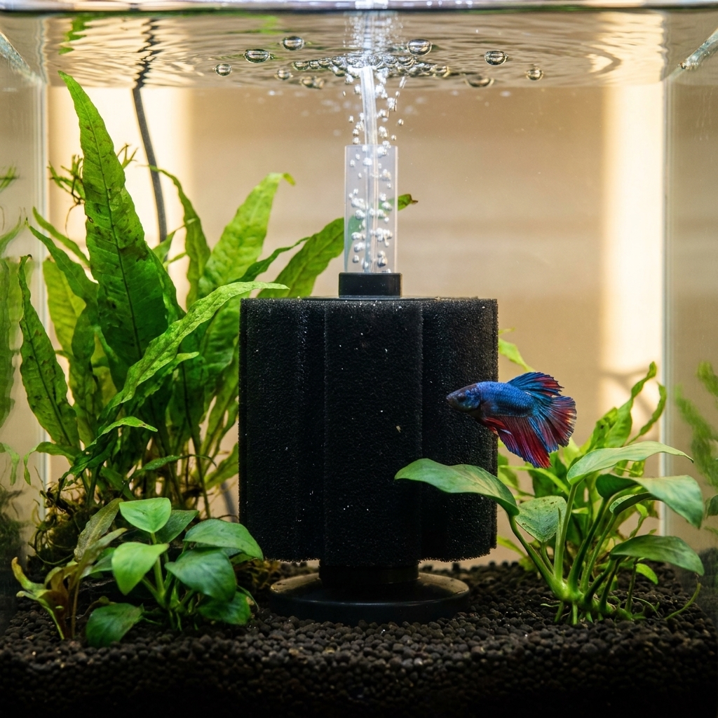 A black sponge filter running in a small planted betta tank, releasing a gentle stream of fine bubbles