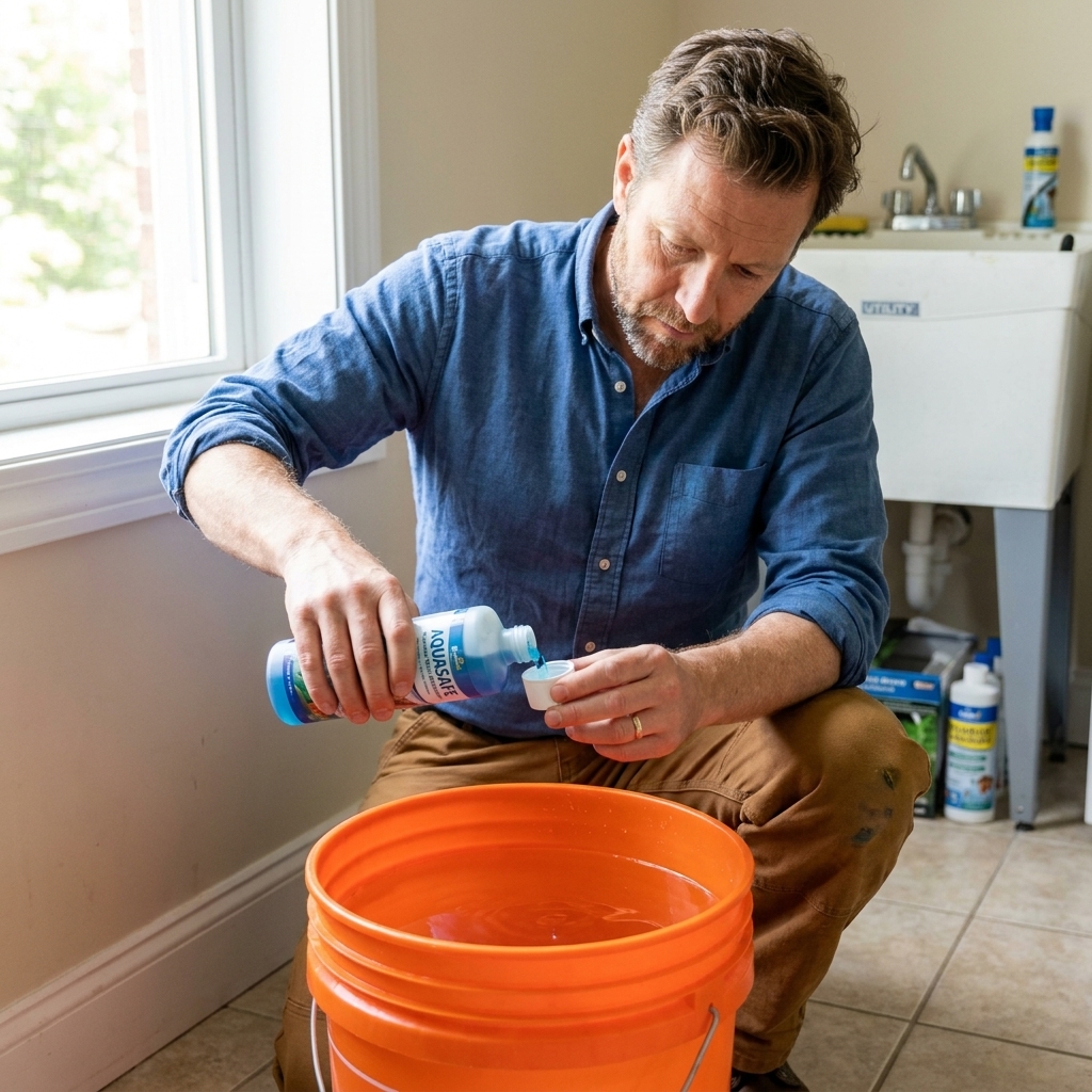 A bottle of aquarium water conditioner being measured into a cap next to a bucket filled with tap water for a freshwater tank water change