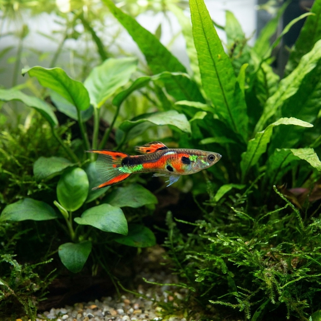 A brightly colored male Endler’s livebearer swimming in front of dense green aquatic plants in a small freshwater aquarium