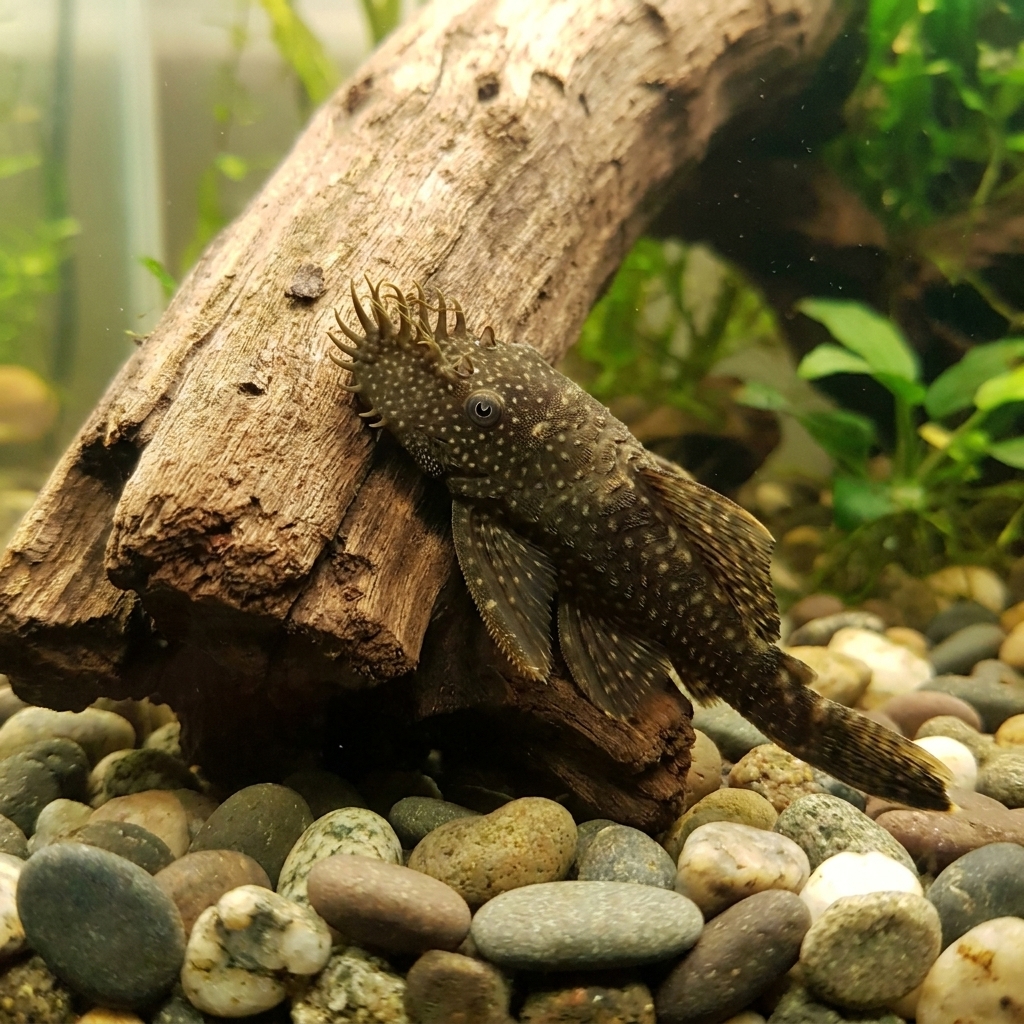 A bristlenose pleco resting on a piece of driftwood near the bottom of a freshwater aquarium with smooth river stones