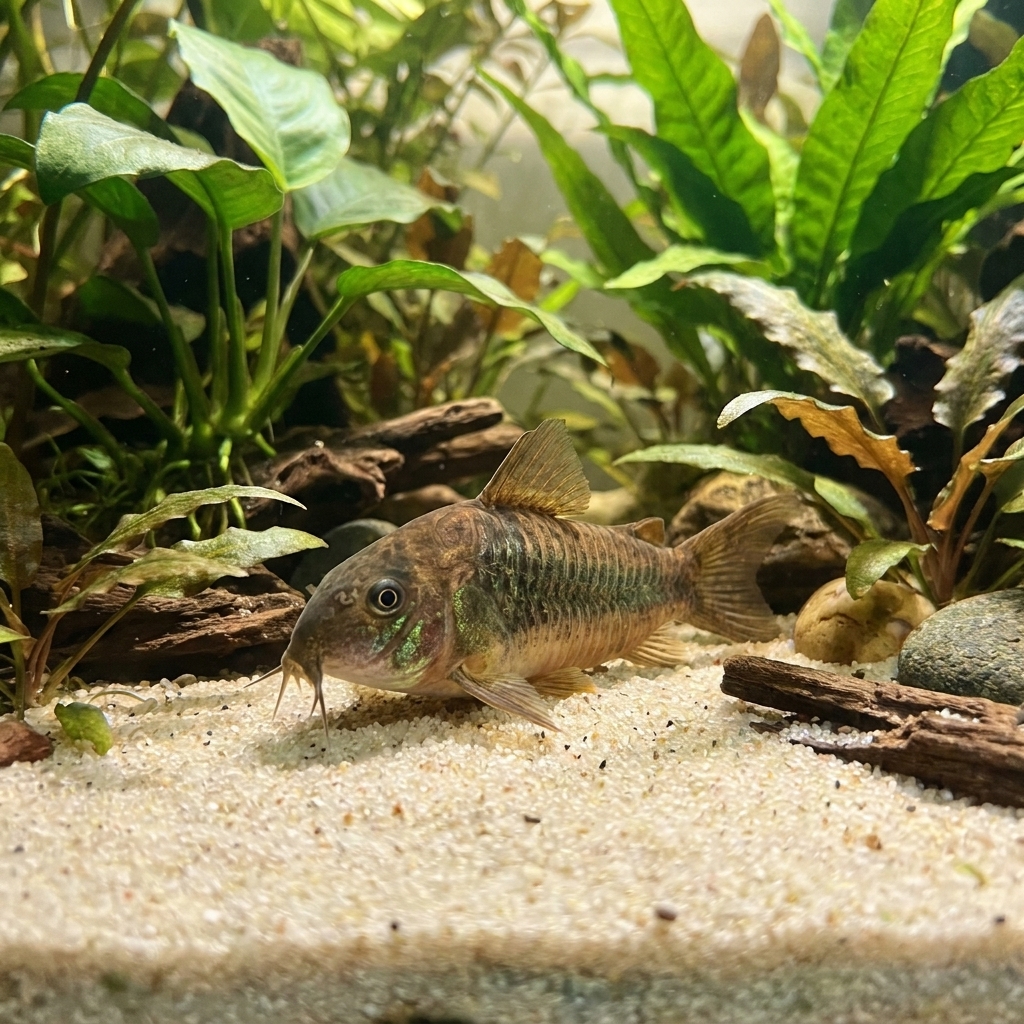 A bronze corydoras catfish resting on pale sand in a planted freshwater aquarium, with its barbels visible near the substrate