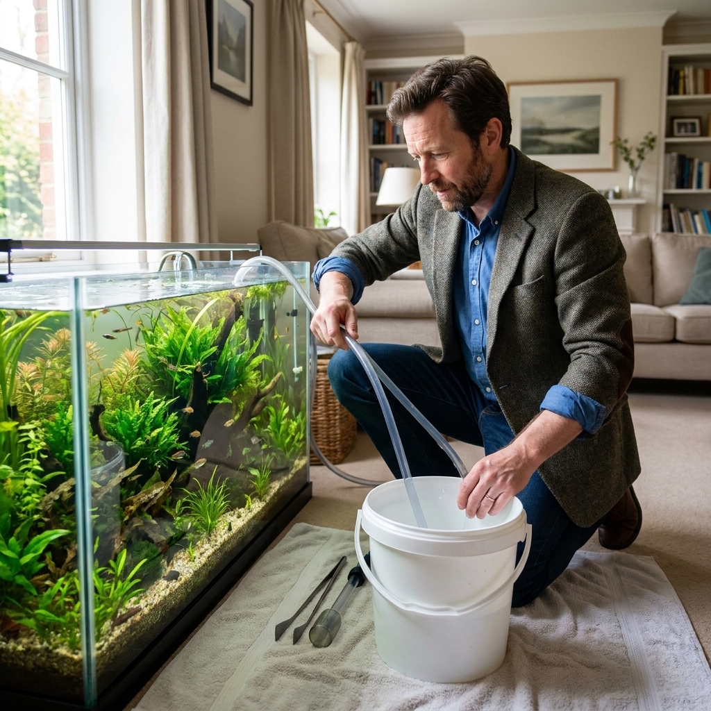 A bucket and siphon hose next to a tidy freshwater planted aquarium during routine maintenance in a home living room