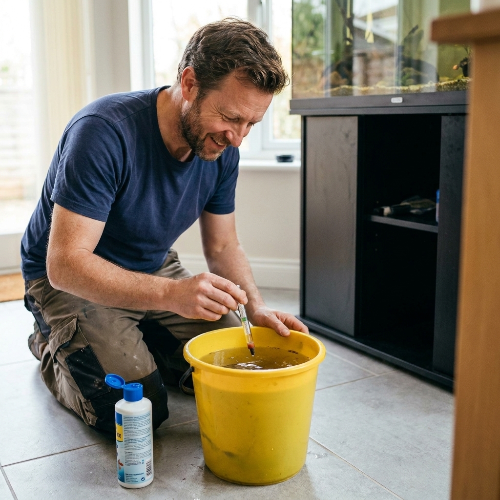 A bucket filled with aquarium water next to a bottle of water conditioner and a thermometer, set on a tiled floor during routine tank maintenance