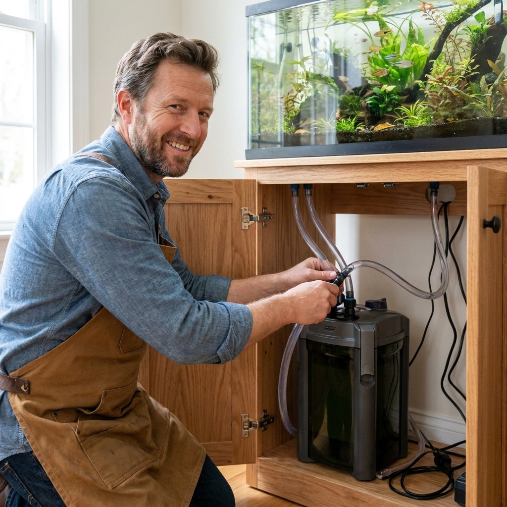 A canister filter installed inside an aquarium stand cabinet with intake and return hoses running up to a freshwater tank