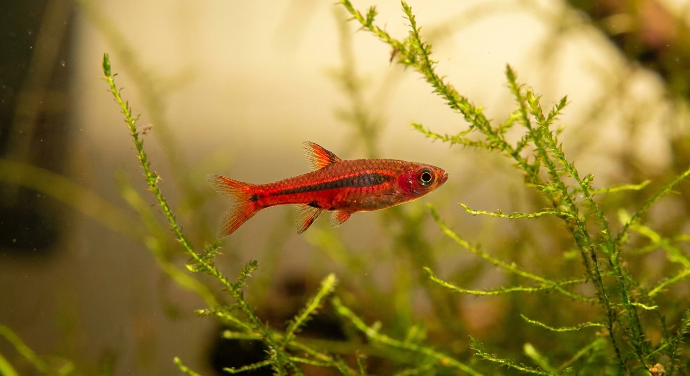 A chili rasbora showing its bright red body and dark lateral markings while swimming near aquatic moss