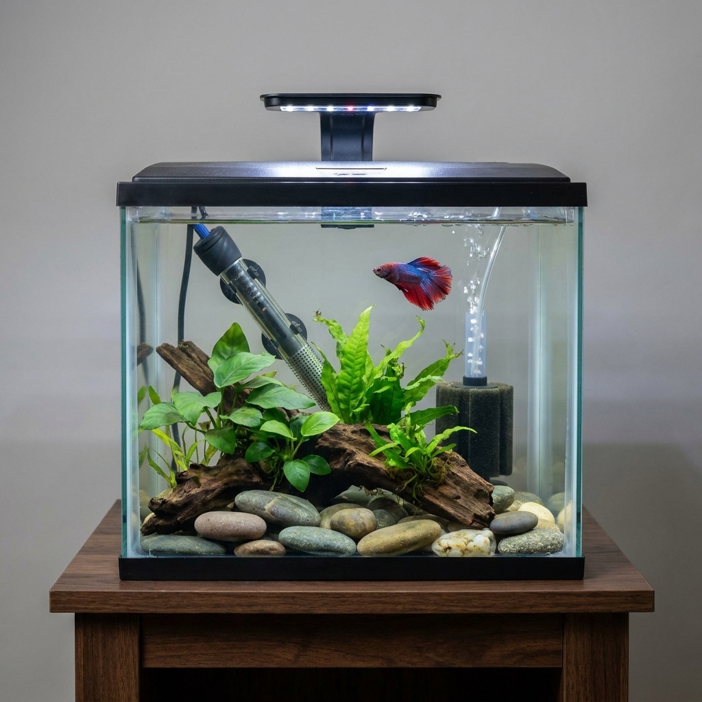 A clean 5 gallon glass aquarium on a stand with a secure lid, heater, and gentle filter suitable for a single betta