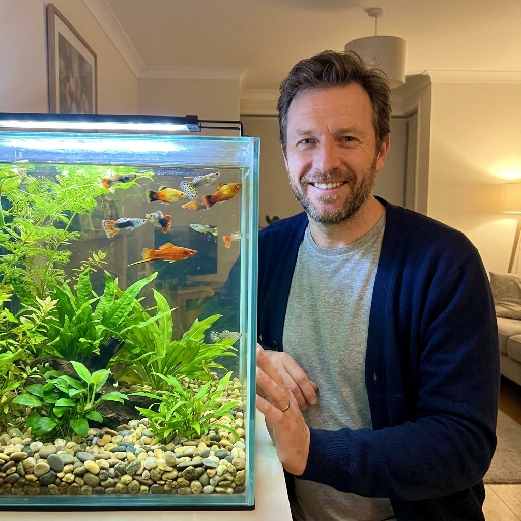 A clear freshwater aquarium with colorful guppies, platies, and a male swordtail swimming in midwater above rounded gravel and live plants