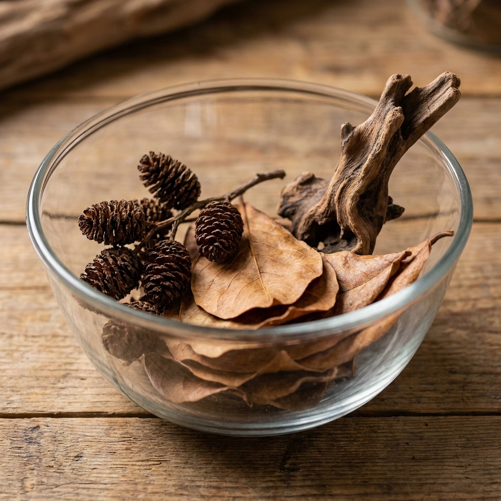 A clear glass bowl holding alder cones, dried Indian almond leaves, and a small piece of aquarium driftwood on a wooden table