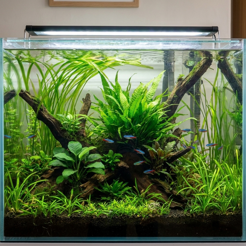 A close, detailed photo of a lush planted freshwater aquascape with driftwood, healthy green stems, and small schooling fish swimming near the midwater