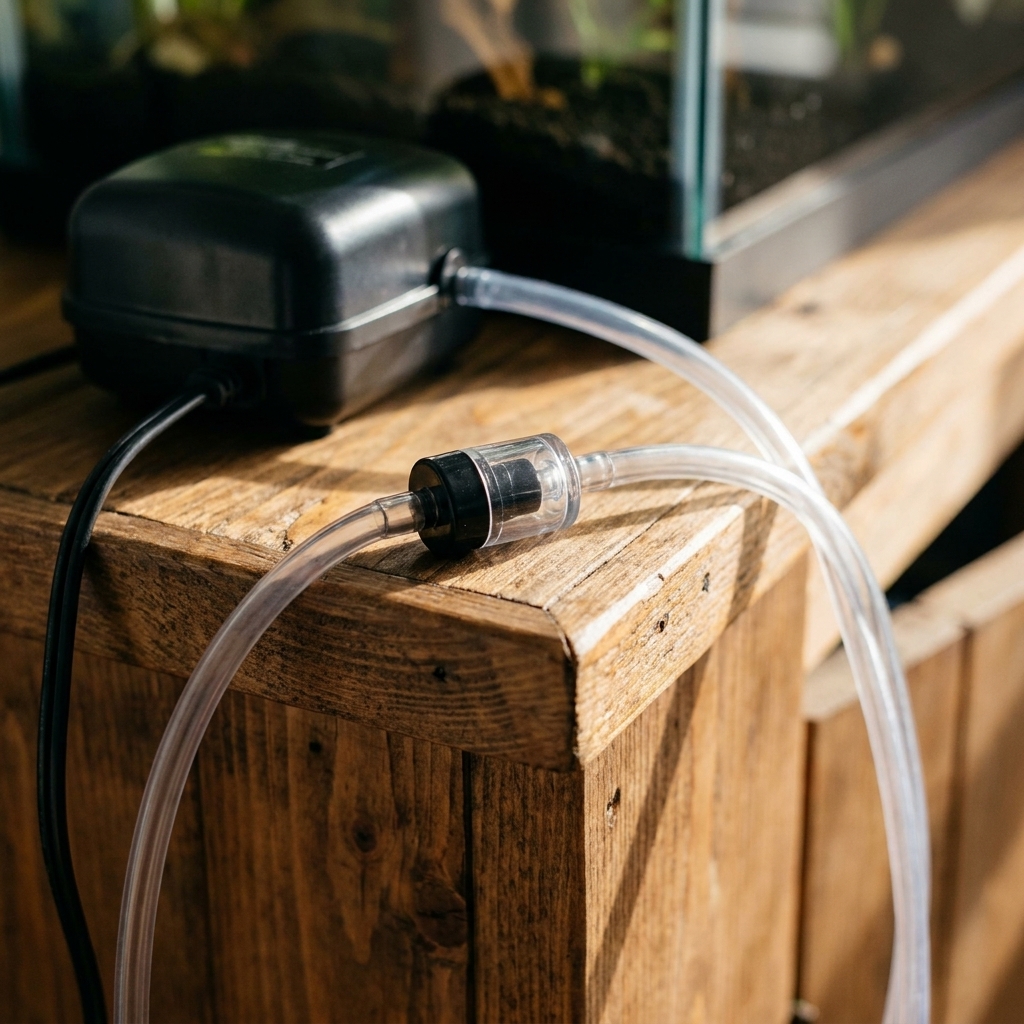 A close-up of aquarium airline tubing with a small inline check valve installed, placed next to an air pump on a wooden aquarium stand