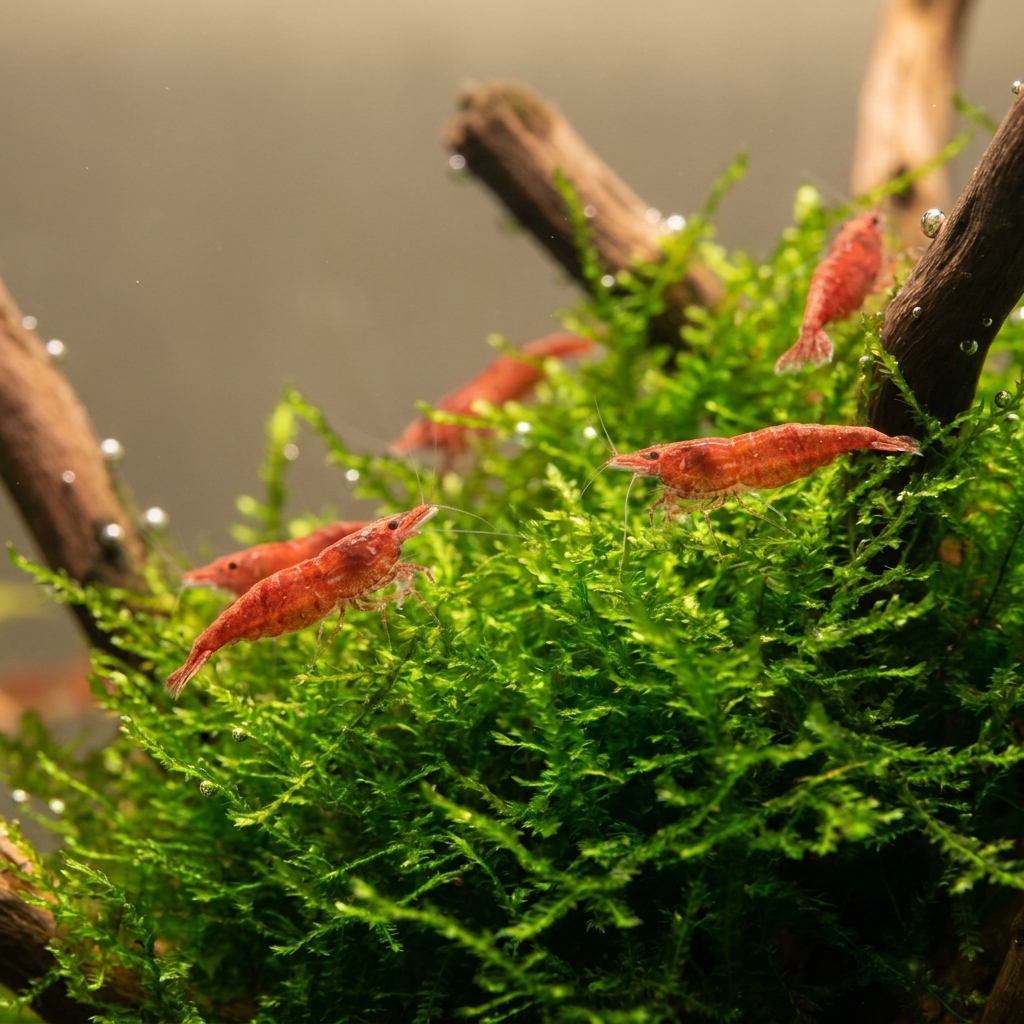 A close-up photo of a small group of freshwater dwarf shrimp grazing on green aquatic moss inside a planted aquarium