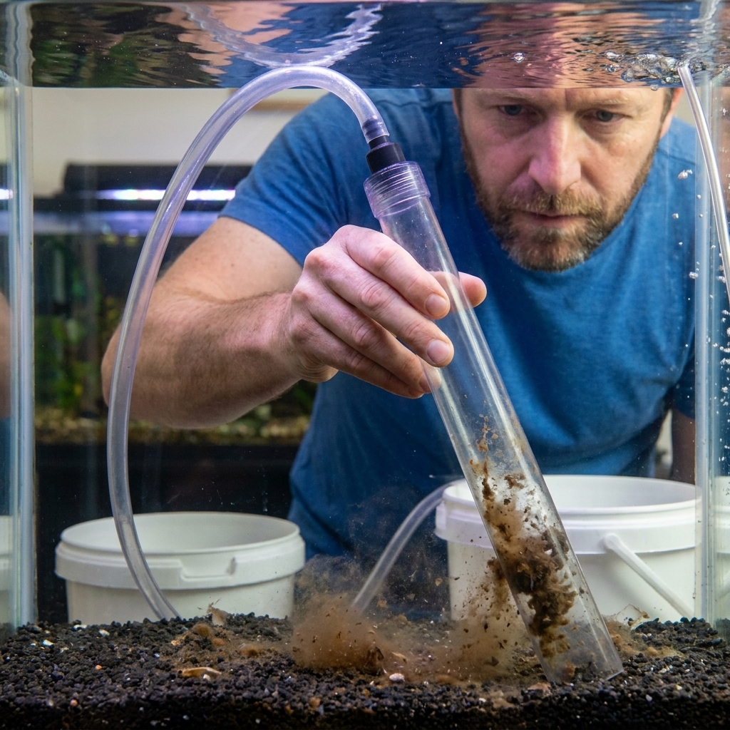 A close view of a gravel vacuum tube inside an aquarium pulling debris from the substrate while the siphon hose runs into a bucket