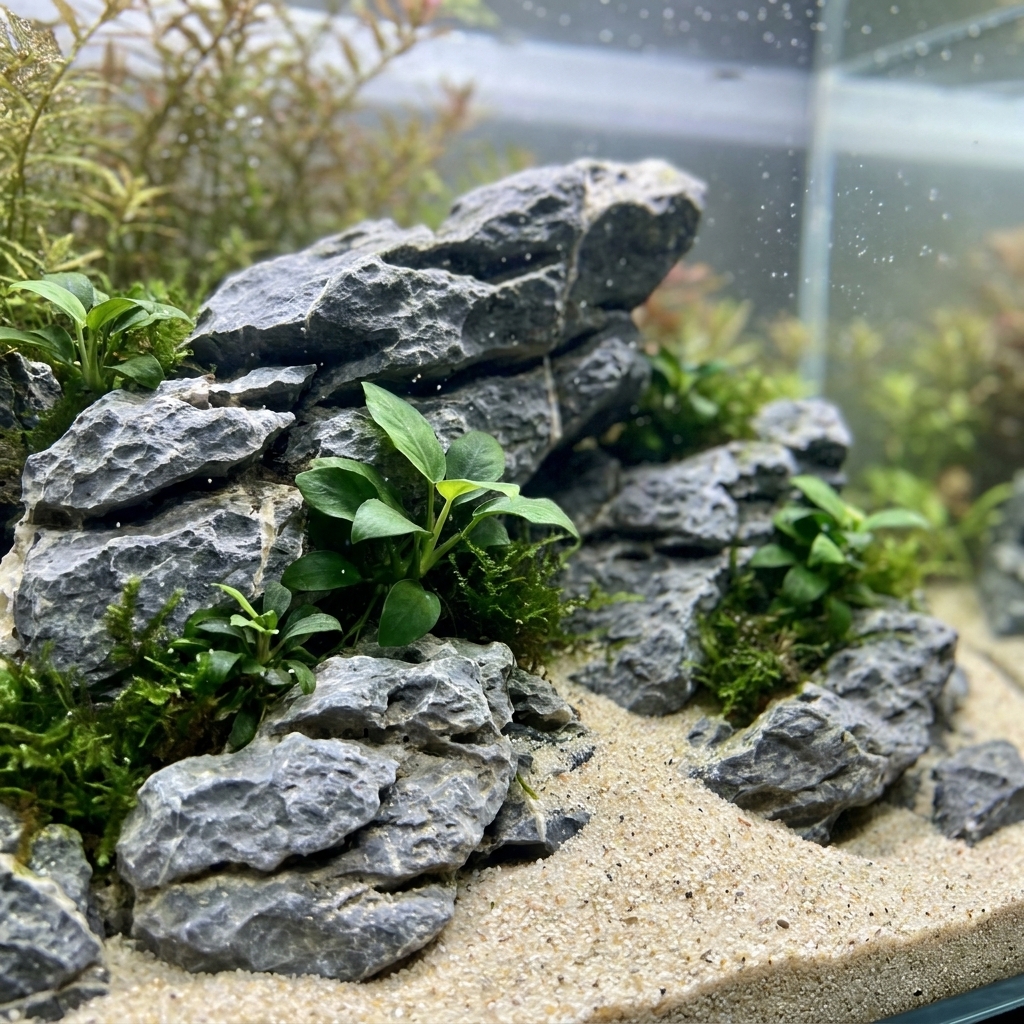 A close view of gray Seiryu stones stacked into a ridge in a planted freshwater aquarium, with small plants tucked into crevices and sand gathered at the base