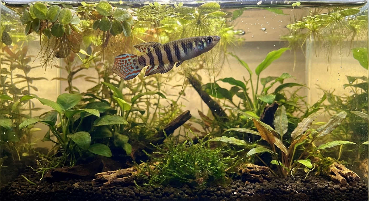 A clown killifish near the water surface under floating plants, with its patterned fins visible in a planted nano tank