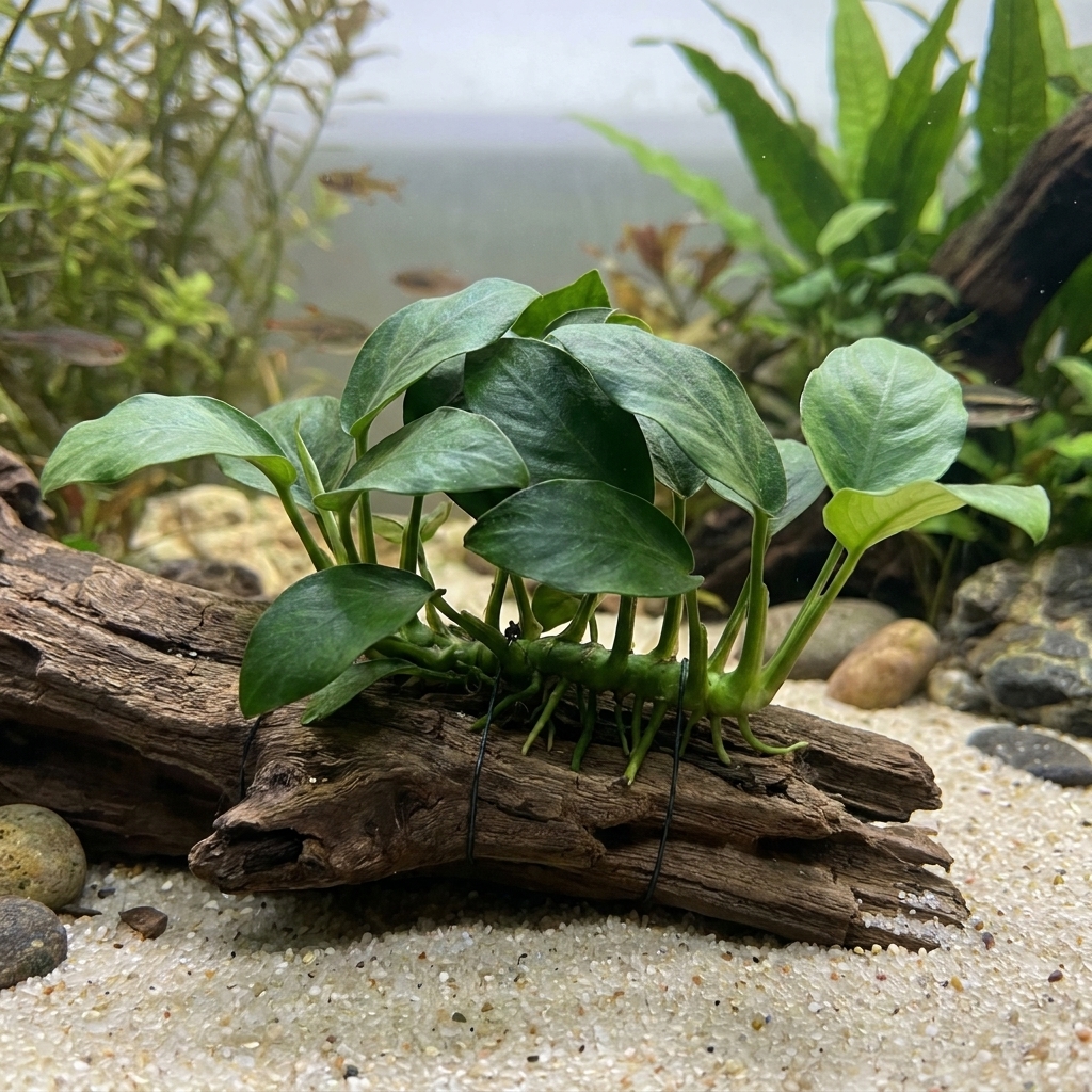 A clump of Anubias attached to driftwood in a freshwater aquarium, showing the rhizome above the substrate