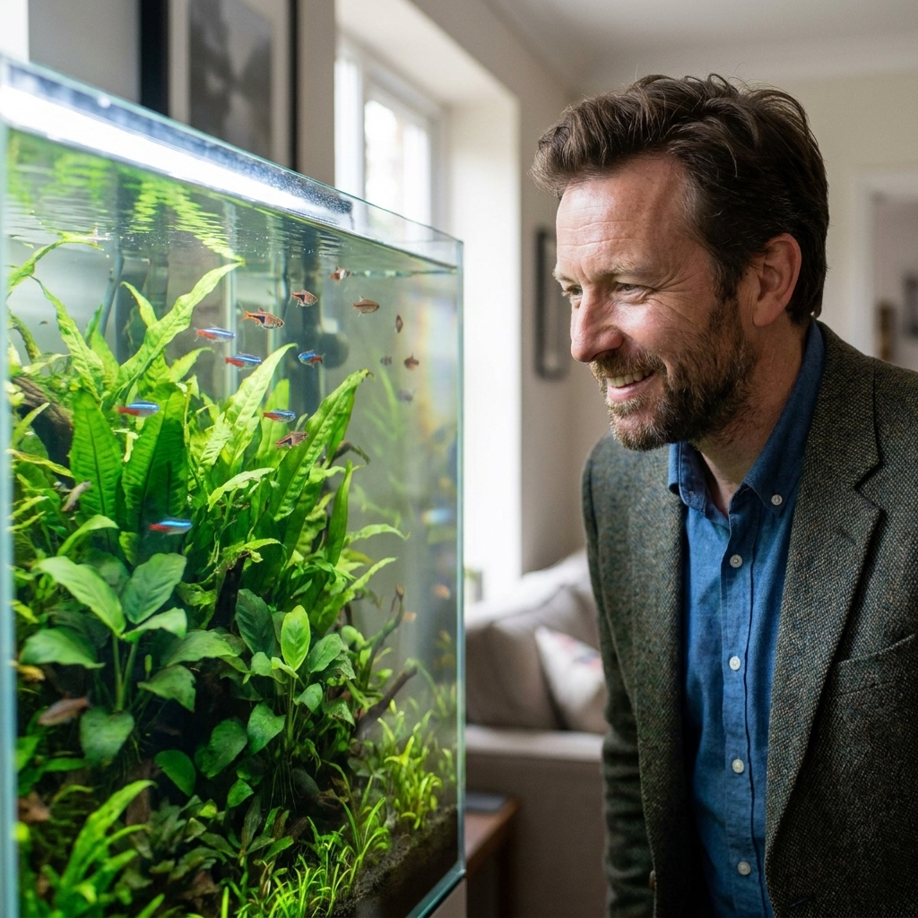 A crystal clear freshwater planted aquarium with healthy green plants and small community fish swimming in clear water