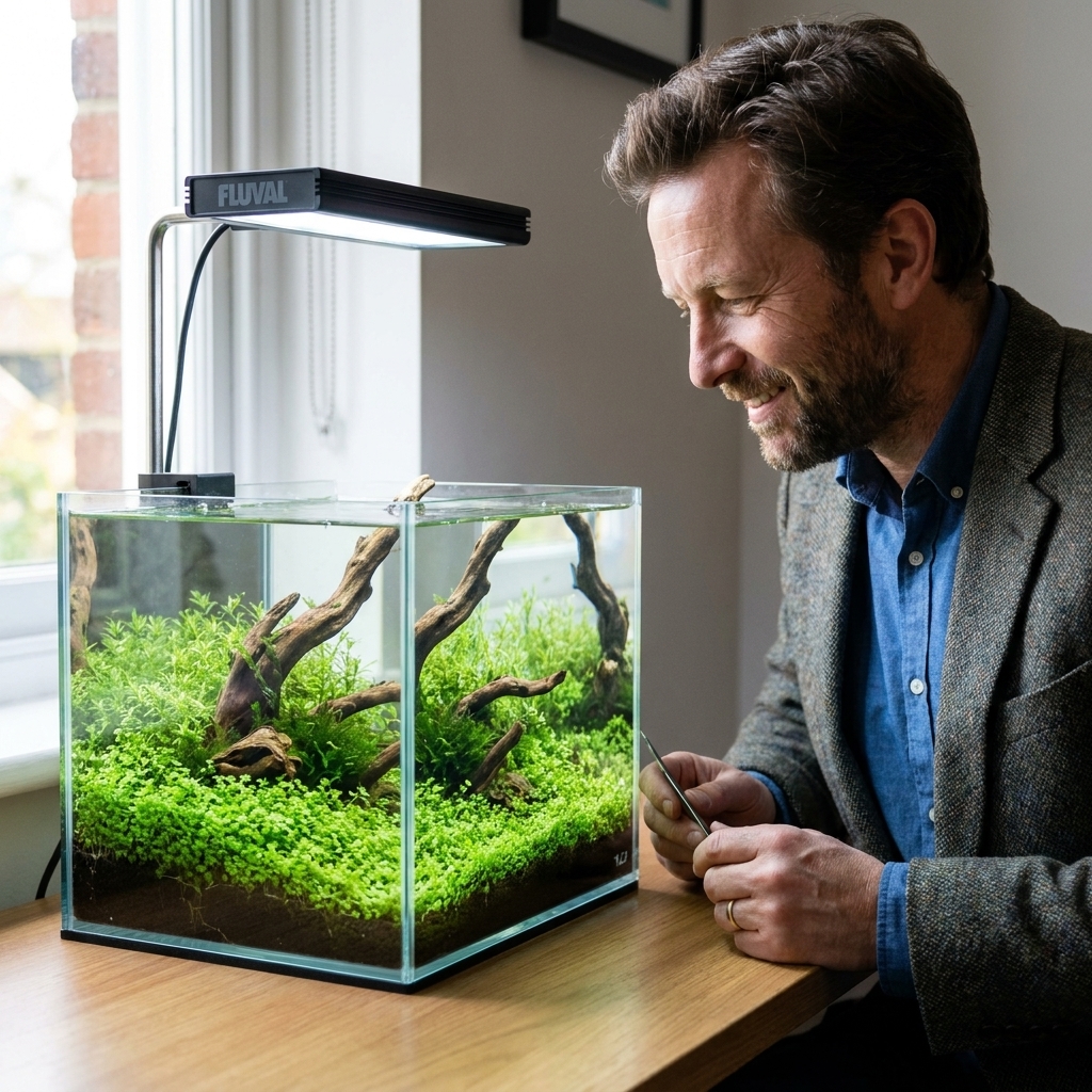 A desktop nano planted aquarium with driftwood and carpeting plants under a Fluval Plant Nano LED mounted on its adjustable arm