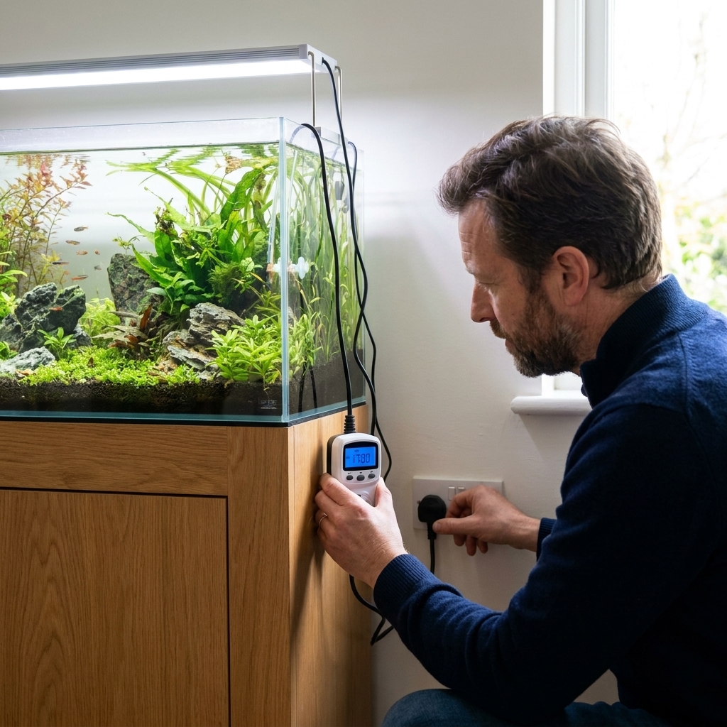 A digital timer controlling an aquarium LED light plugged into a wall outlet beside a freshwater tank stand