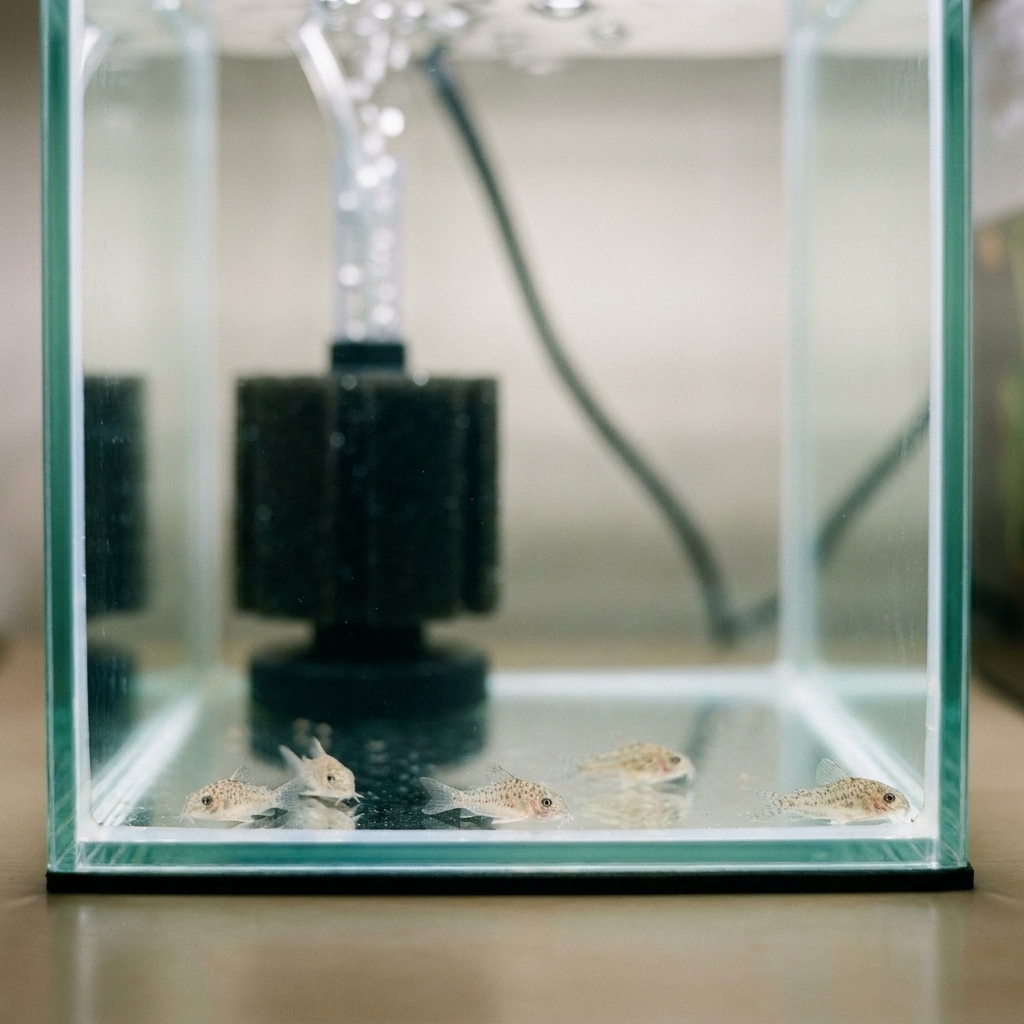 A few newly hatched Corydoras fry resting on the bottom of a small bare-bottom aquarium with a sponge filter in the background