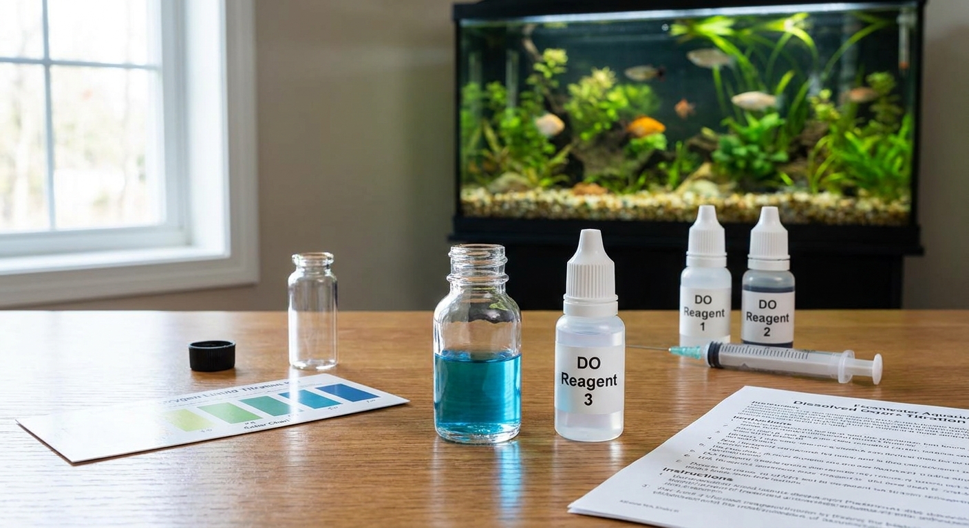 A freshwater aquarium dissolved oxygen liquid titration kit on a table next to a small titration bottle and reagent dropper bottles