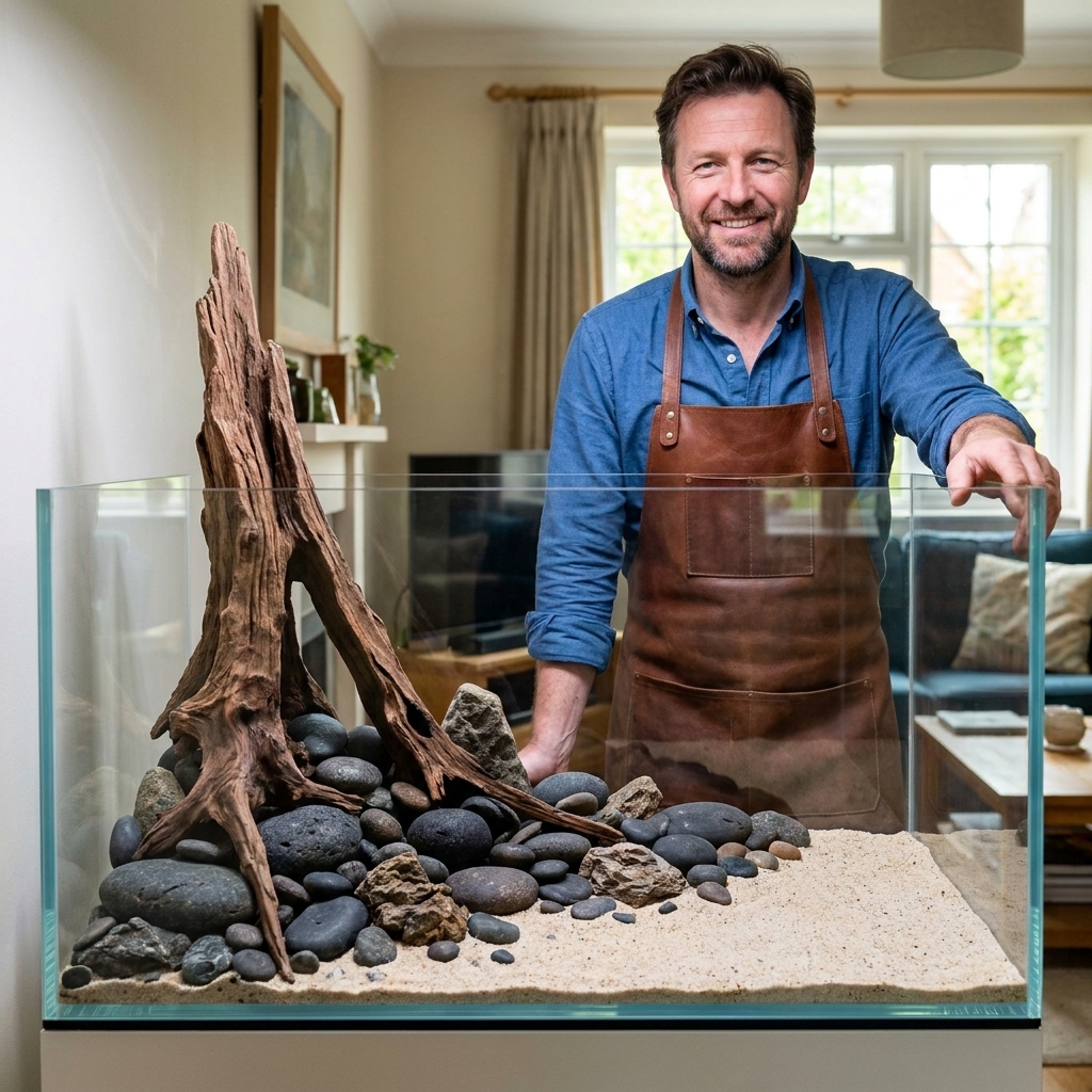 A freshwater aquarium hardscape arranged in a triangle composition, with a tall driftwood centerpiece on the left tapering into smaller stones and open sand on the right