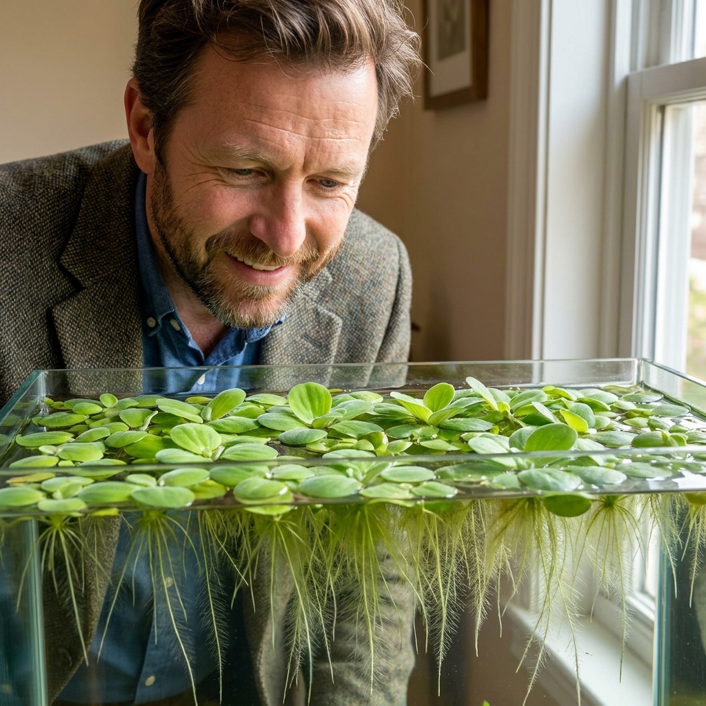 A freshwater aquarium surface covered with healthy floating frogbit plants with long roots hanging into the water