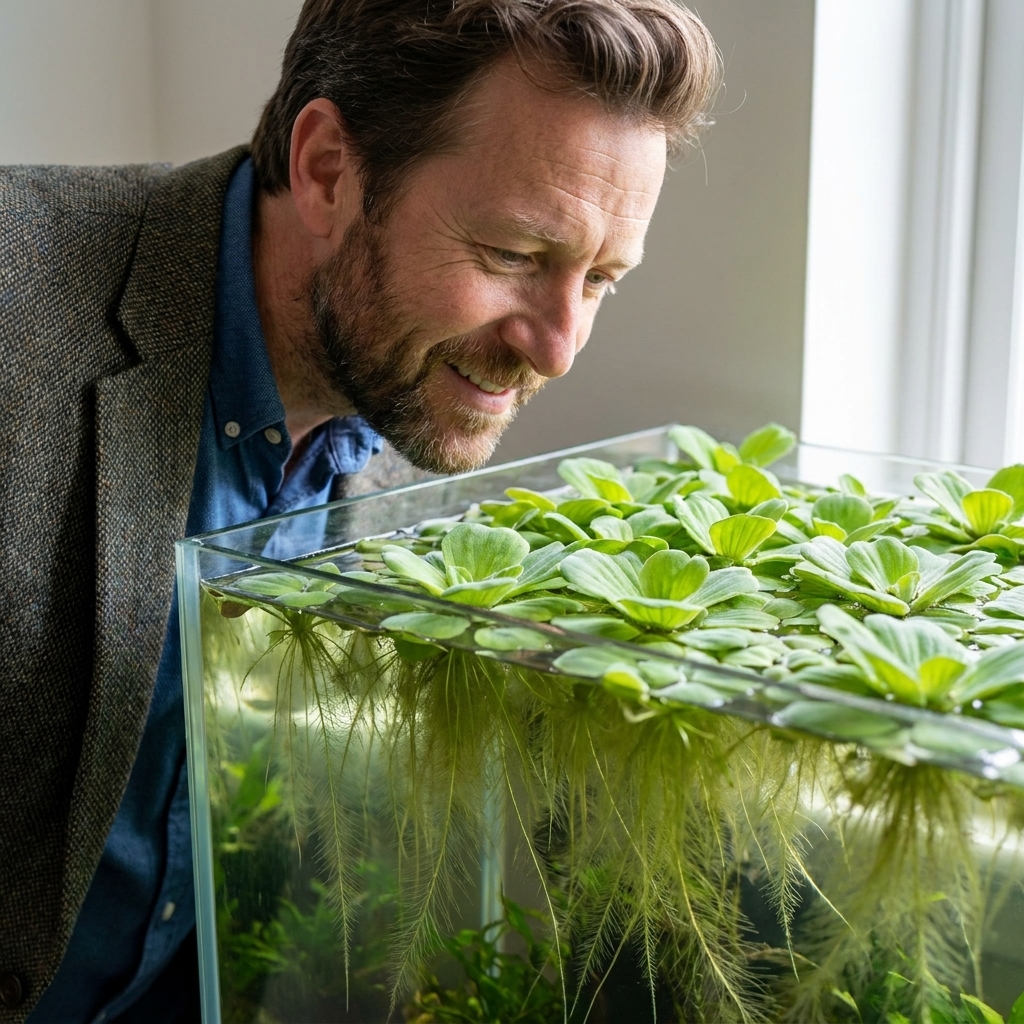 A freshwater aquarium surface covered with healthy Amazon frogbit floating plants with long roots hanging into the water
