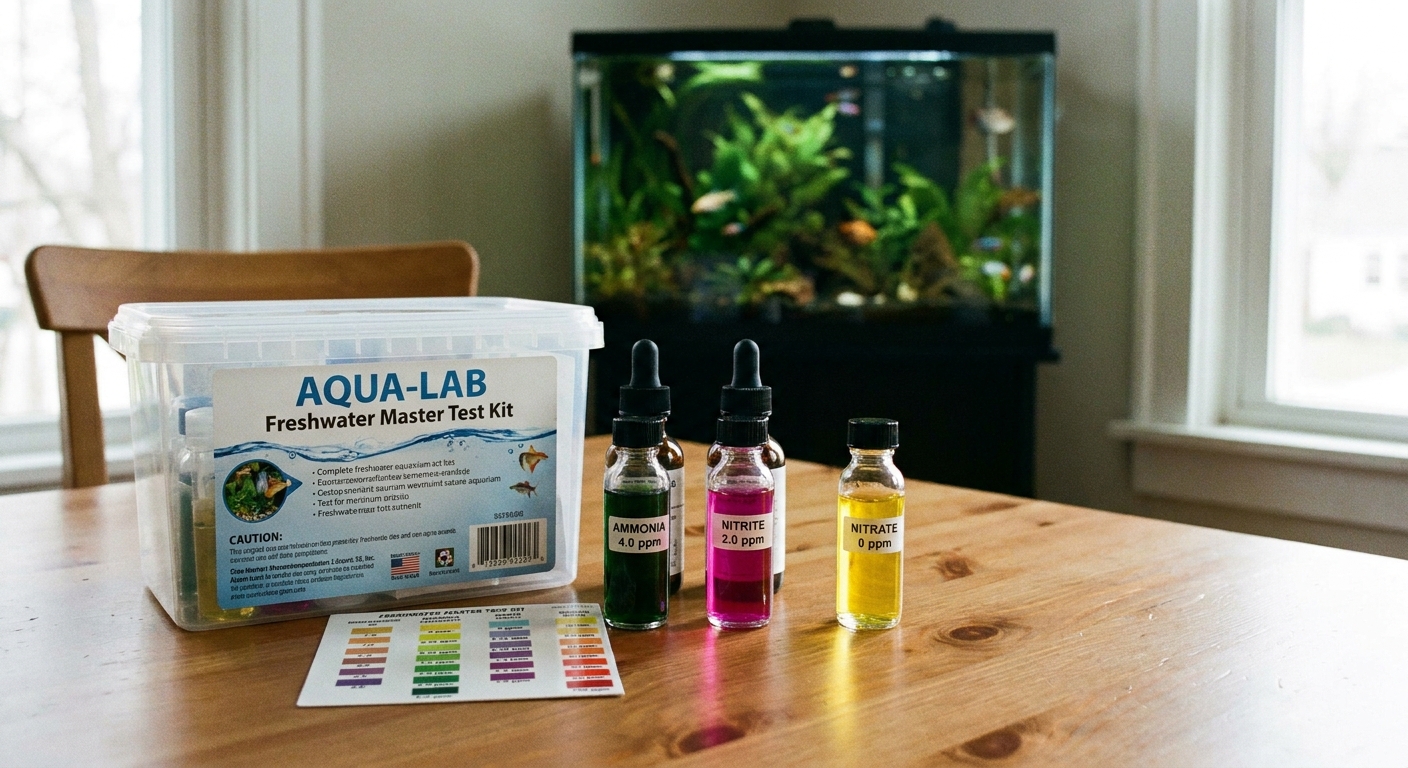 A freshwater aquarium test kit on a table beside small glass vials showing colored water samples for ammonia and nitrite testing
