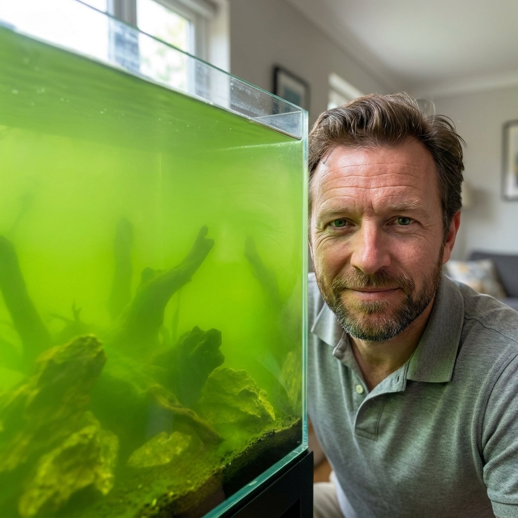 A freshwater aquarium with bright green cloudy water from a free floating algae bloom, with hardscape barely visible