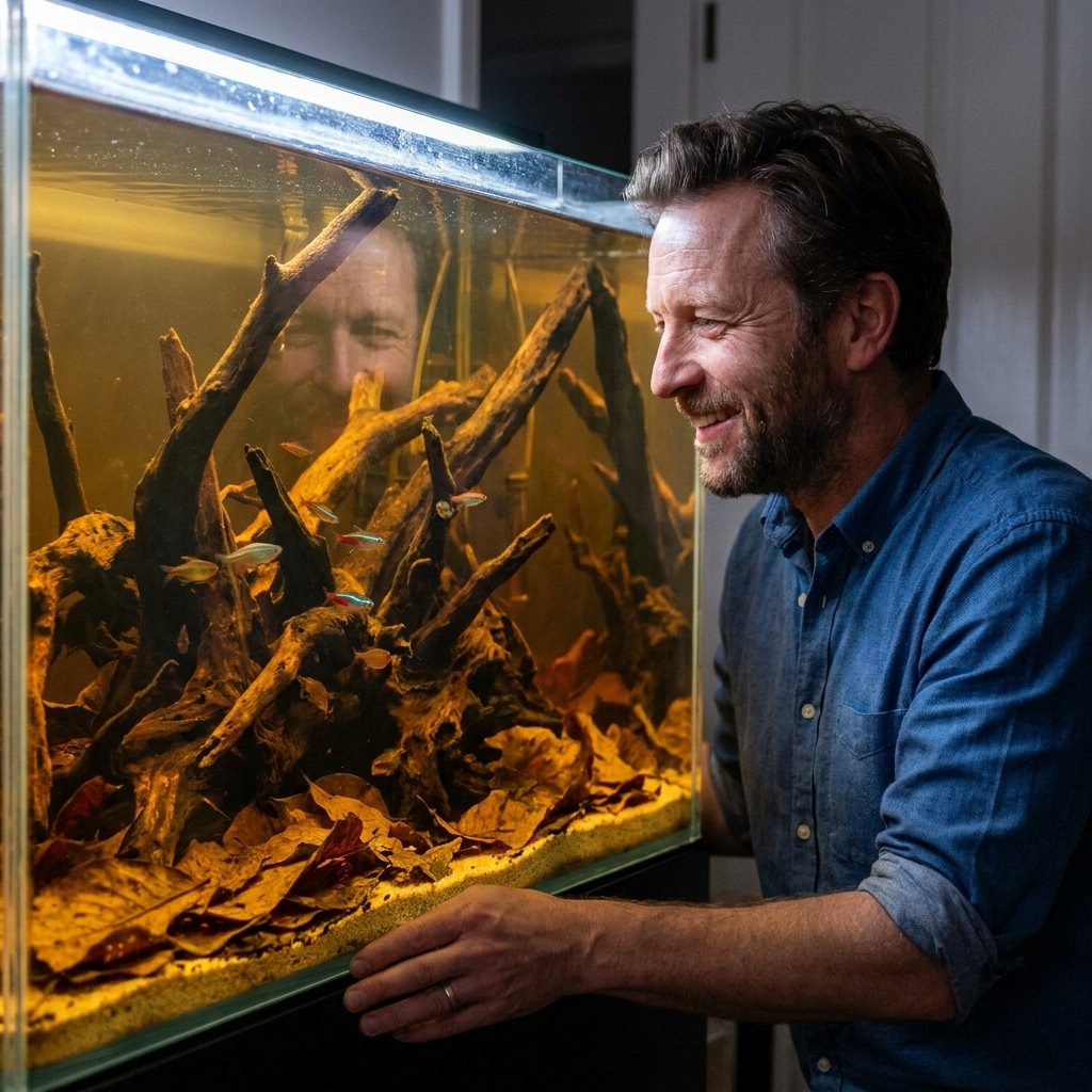 A freshwater aquarium with dark driftwood, leaf litter on the sand, and tea-tinted water creating a blackwater look