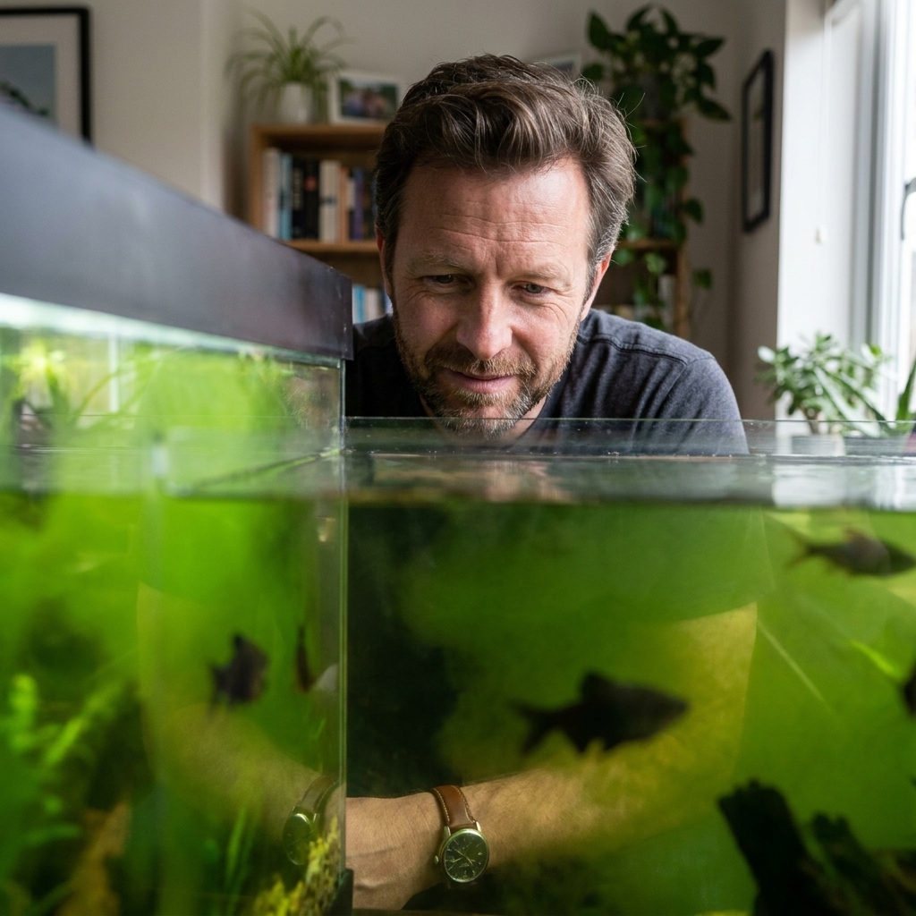 A freshwater aquarium with distinctly green-tinted water where fish silhouettes are visible but the water appears like green soup