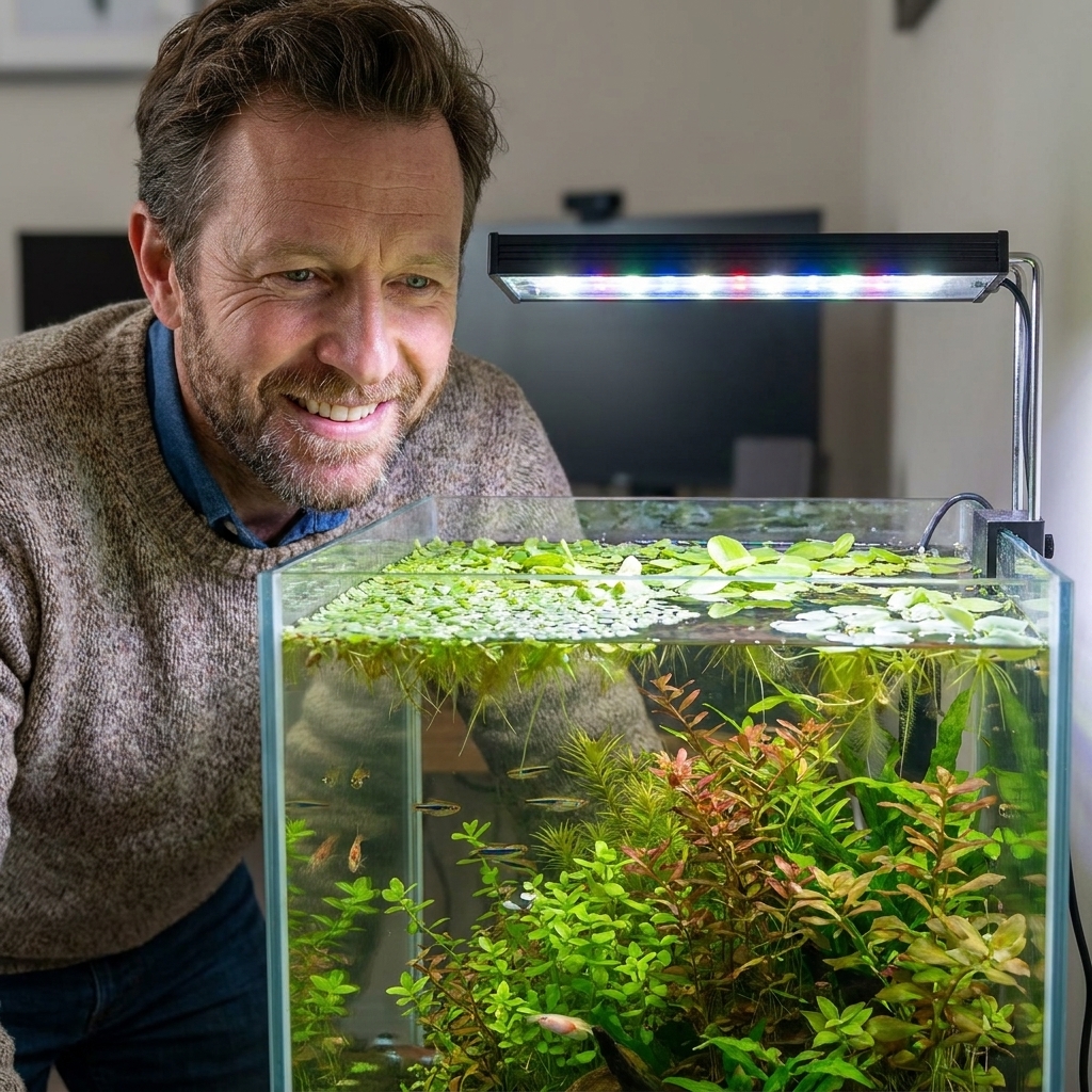A freshwater aquarium with floating plants and stem plants illuminated by a Hygger 24/7 full spectrum LED light on a rimless tank