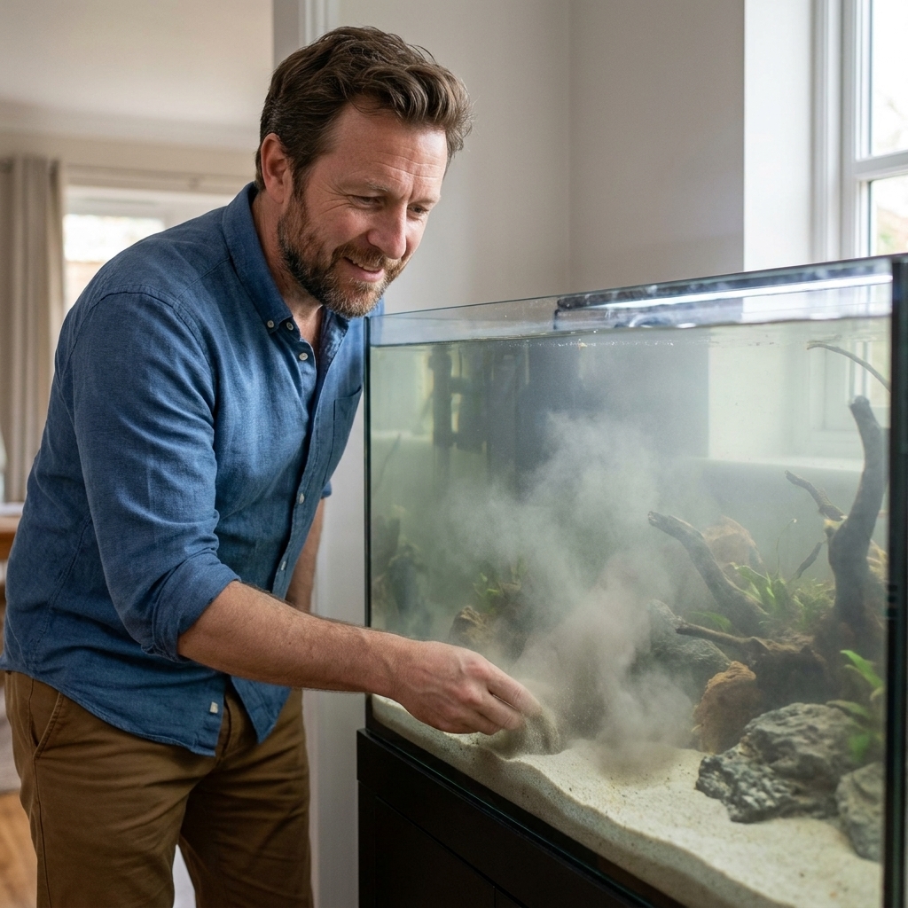 A freshwater aquarium with pale sandy substrate where fine dust is suspended in the water after disturbance, giving the tank a light gray haze