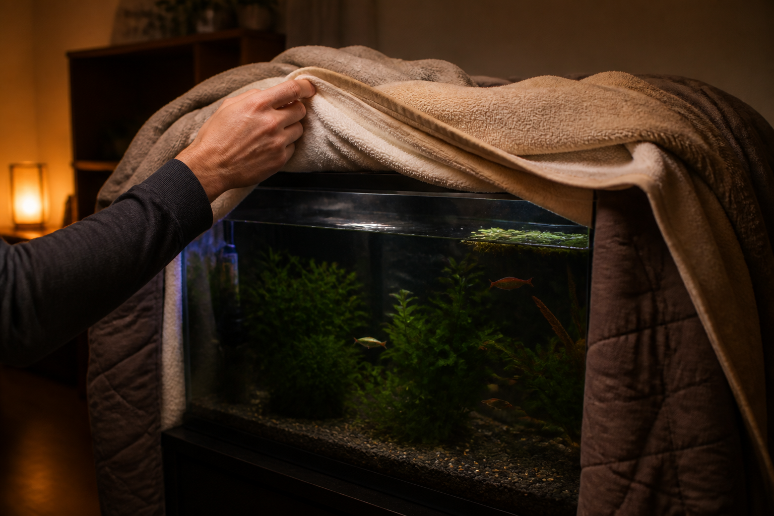 A freshwater aquarium with towels wrapped around the sides for insulation during a winter power outage