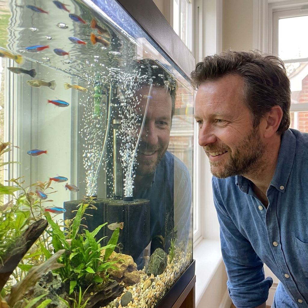 A freshwater community aquarium with several small fish near the water surface while an airstone adds strong aeration