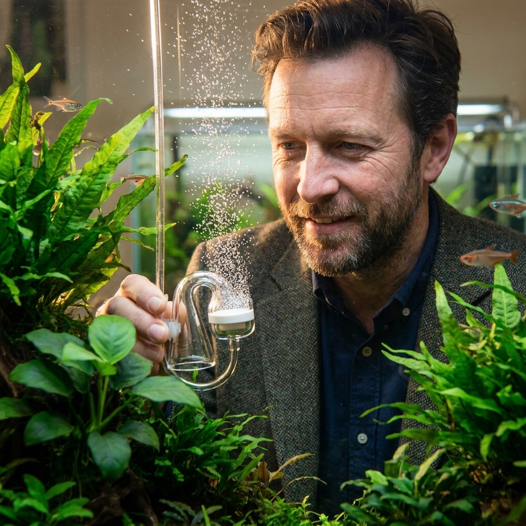 A glass CO2 diffuser releasing a fine mist of bubbles inside a heavily planted freshwater aquarium
