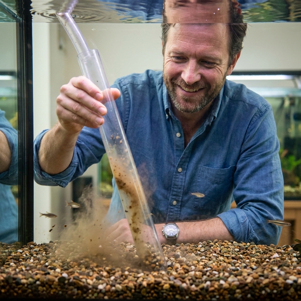 A gravel vacuum tube plunging into aquarium gravel, with cloudy detritus rising briefly in the water column