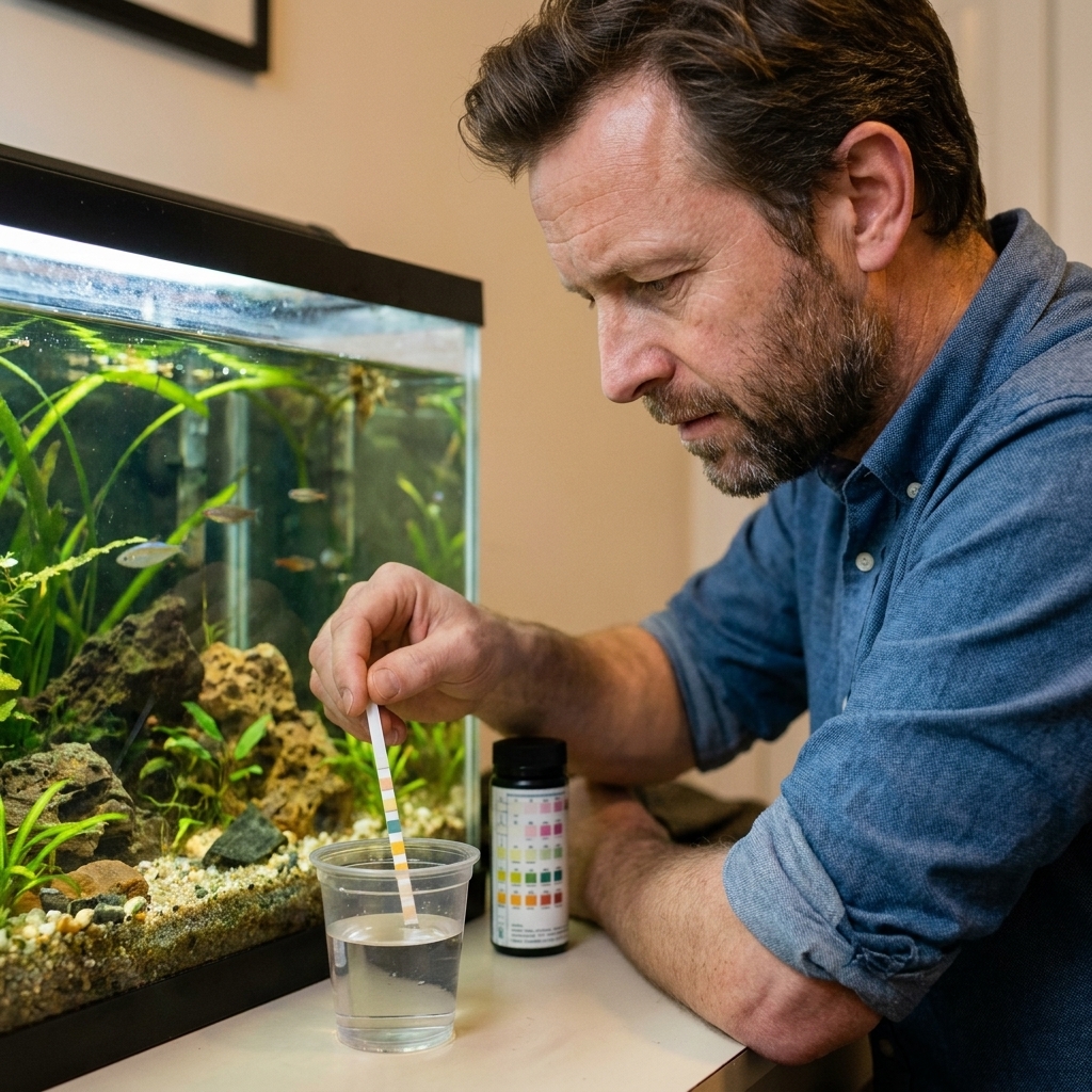 A hand dipping a multi-parameter aquarium test strip into a small cup of aquarium water beside a freshwater tank