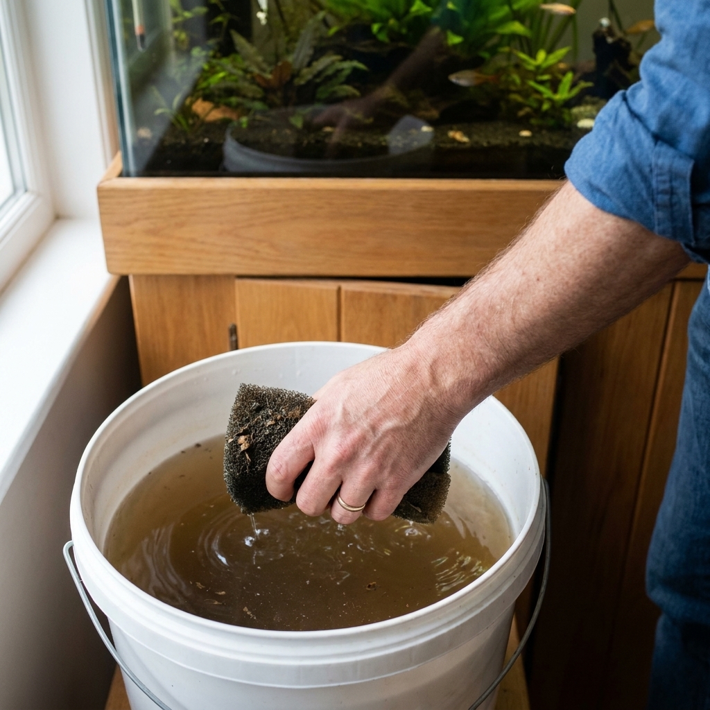 A hand gently squeezing a dark aquarium sponge inside a bucket of used tank water next to a freshwater aquarium stand