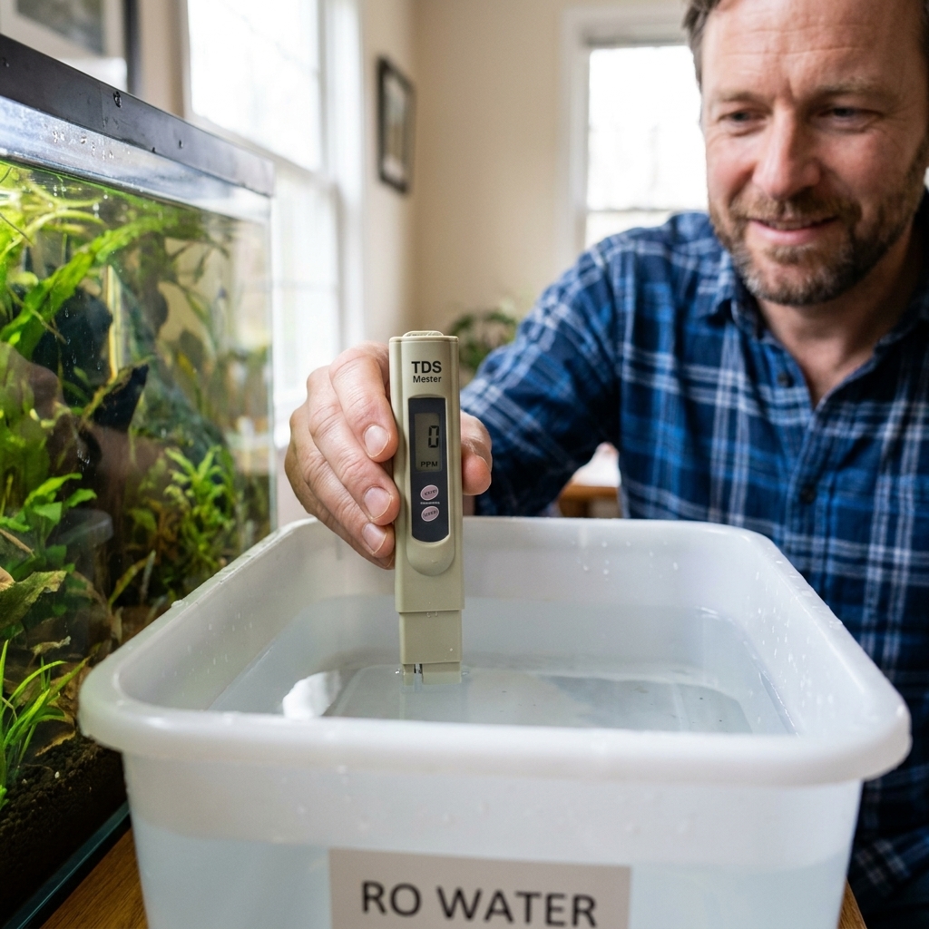 A hand holding a digital TDS meter above a container of freshly produced RO water used for a freshwater aquarium