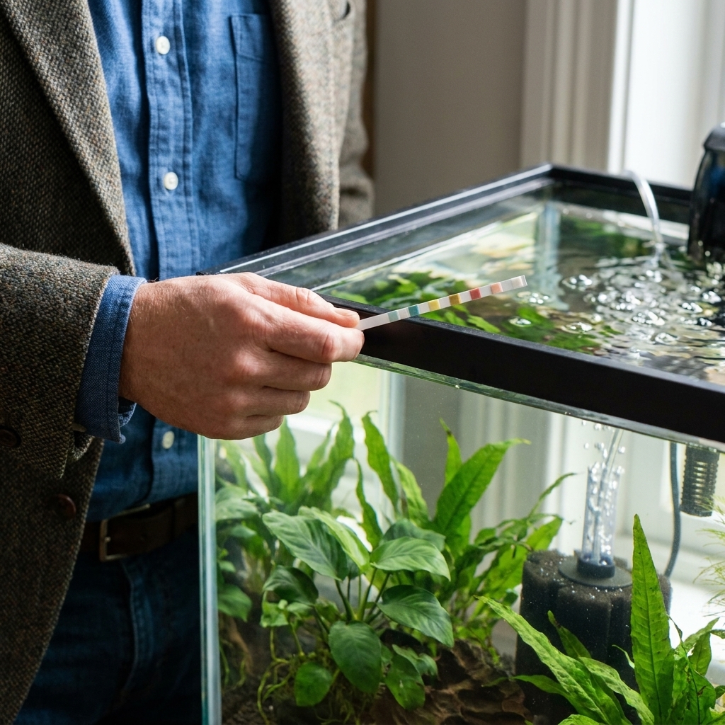 A hand holding a multi-parameter aquarium test strip above an open freshwater aquarium with plants and a sponge filter visible